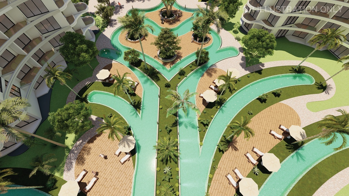 Widok na budynki Caesar Palm Jumeirah znad basenu